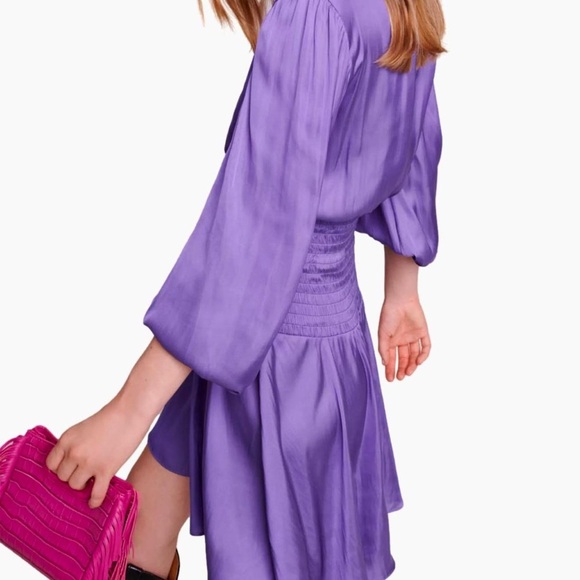 Maje Reloua Purple Satin Smock-Waisted Long Sleeve Dress FR 34 (US XS or 0) - Picture 4 of 13